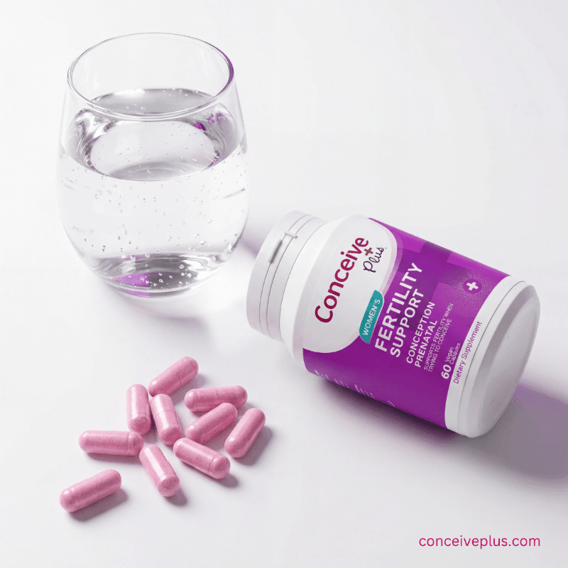 Conceive Plus fertility support supplement bottle with pink capsules and a glass of water on a white background