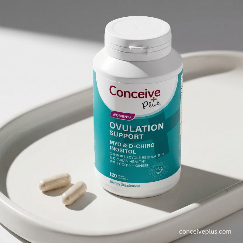 Supplement bottle labeled 'Conceive Plus' on a white surface with two capsules beside it.
