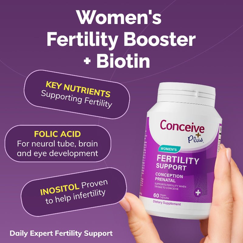 Conceive Plus women's fertility booster supplement with key nutrients on a purple background
